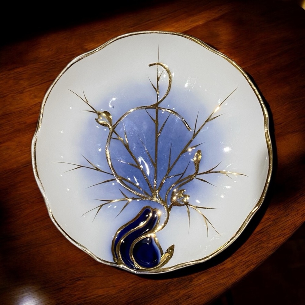 Vintage German Cobalt Blue Porcelain Saucer Dish Gold Gilded Tree Art EVC